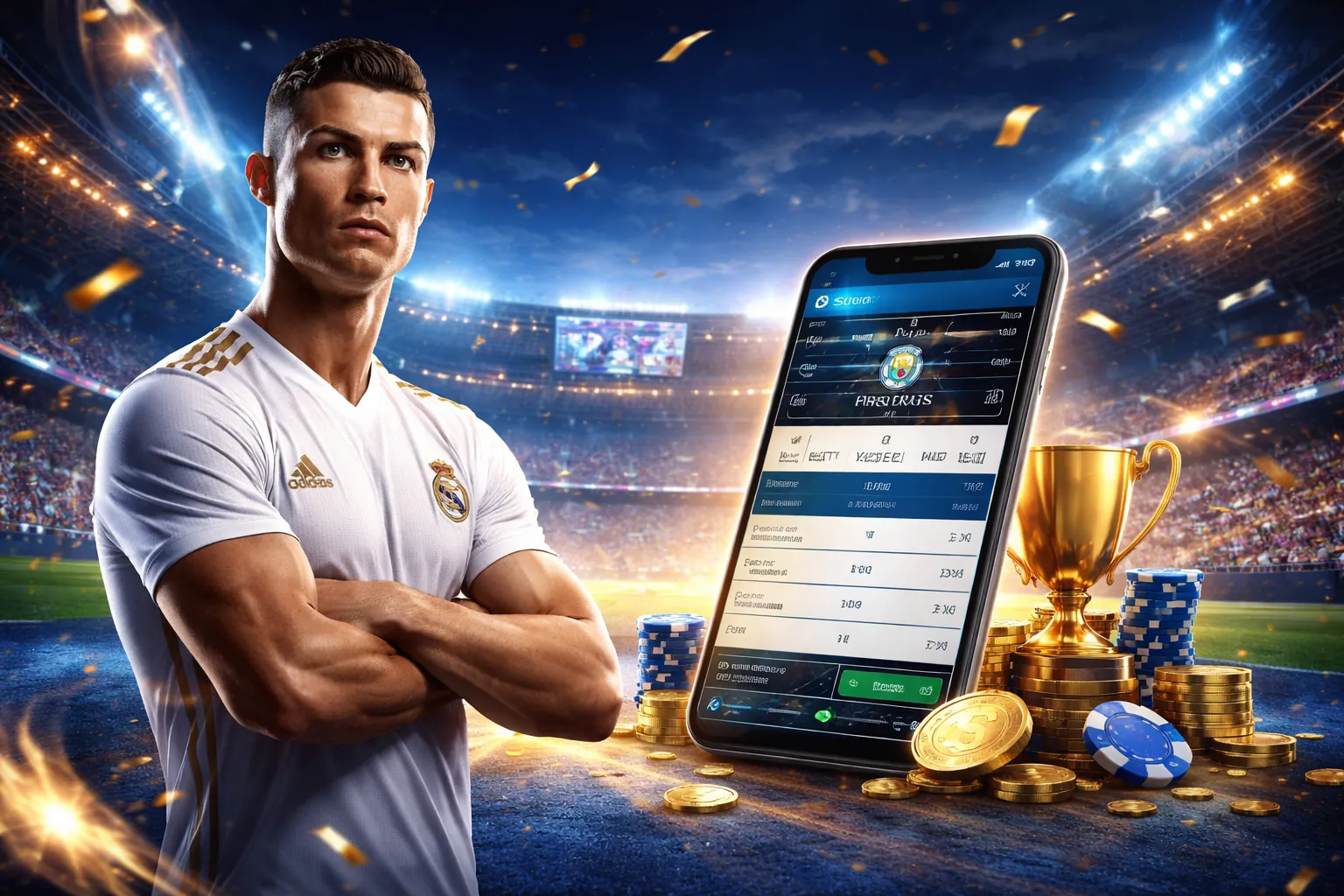Sân vận động với ánh đèn rực rỡ, biểu tượng cho cá cược thể thao bet365